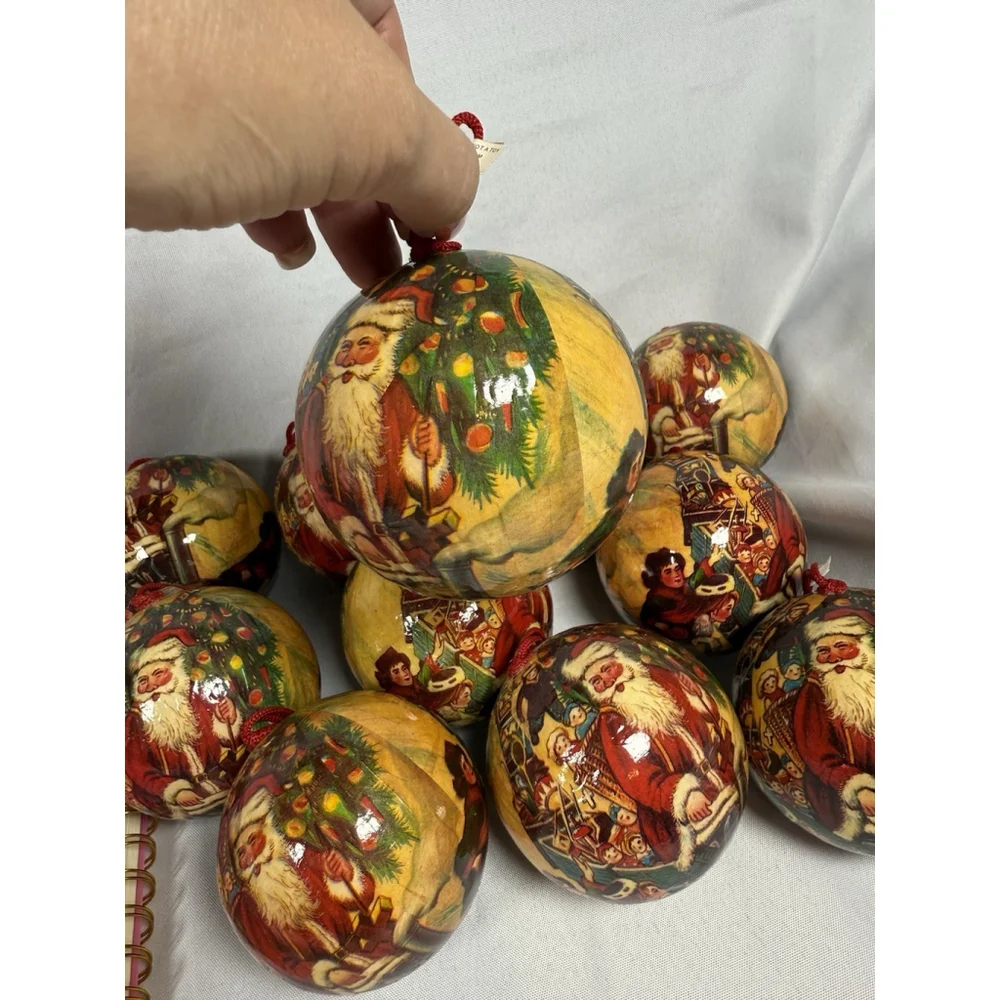 Vintage Paper Mache Christmas Ornament Large Round Santa w/Kids Lot Of 11 RARE